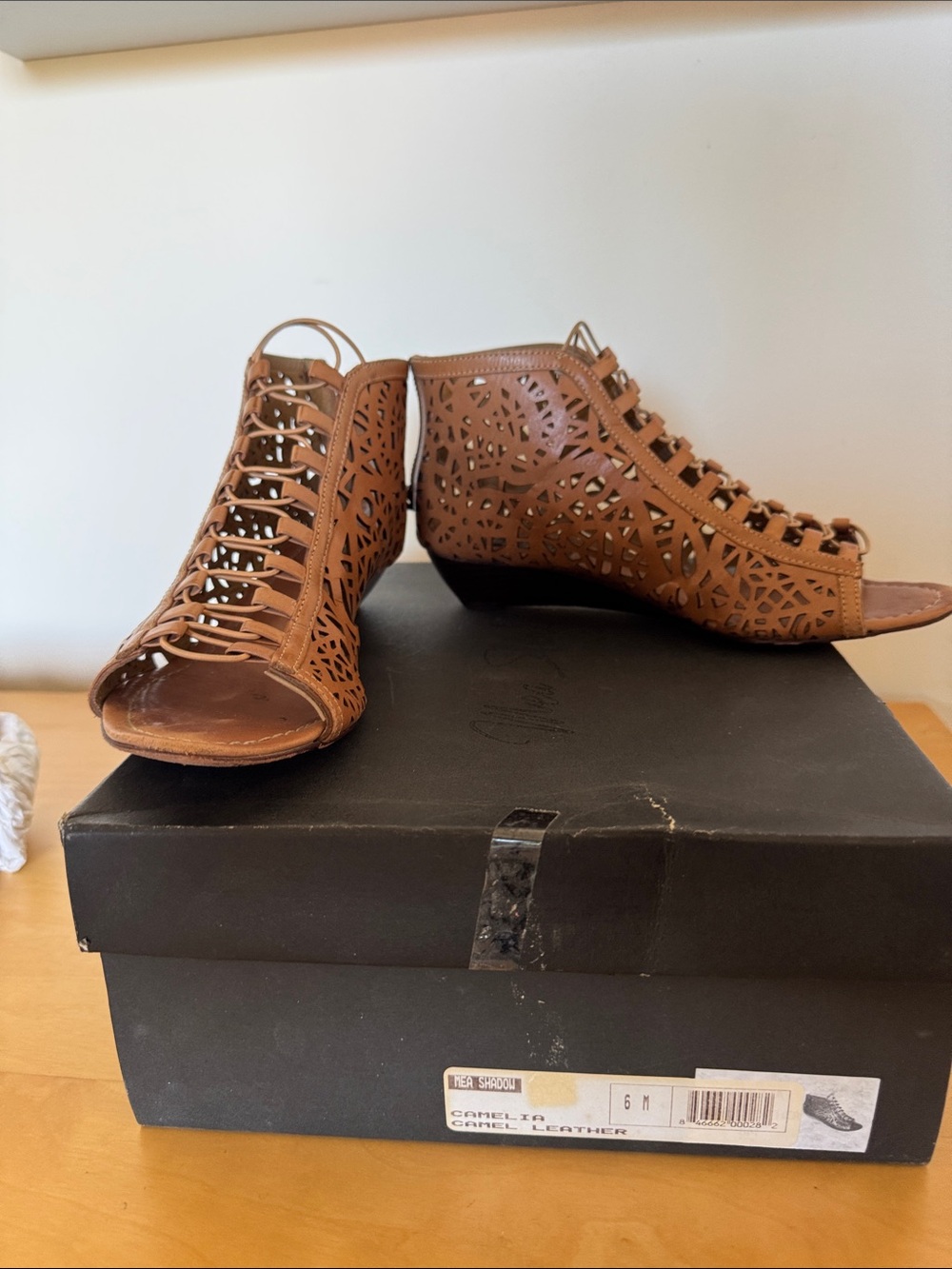 Mea Shadow Camel Laser-Cut Lace-Up Peep-Toe Wedges